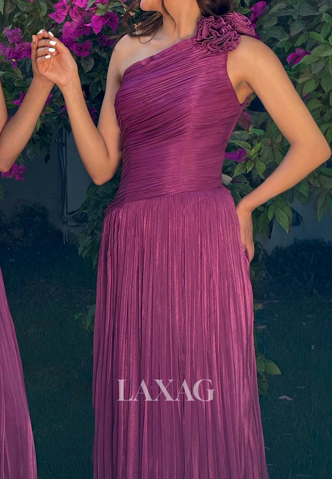 Asymmetrical-Neck Sleeveless 3D-Floral Chiffon Pleated Floor-Length Mermaid Evening Dress
