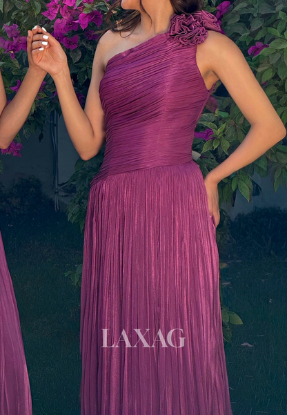 Asymmetrical-Neck Sleeveless 3D-Floral Chiffon Pleated Floor-Length Mermaid Evening Dress