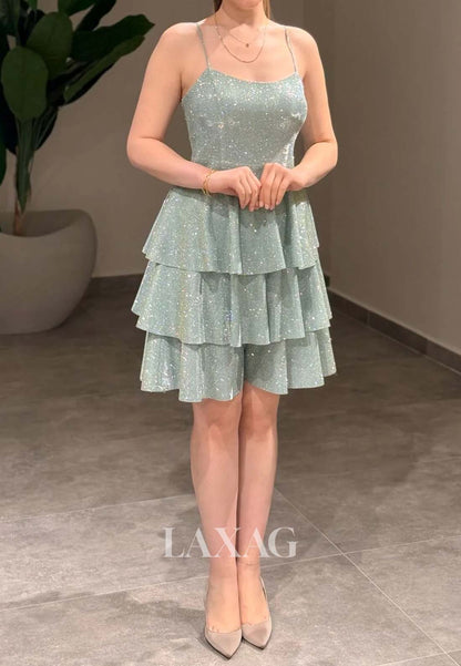 Scoop-Neck Spaghetti Straps Off-Shoulder Pleated Glitter-Knit Tiered A-Line Party Homecoming Dress