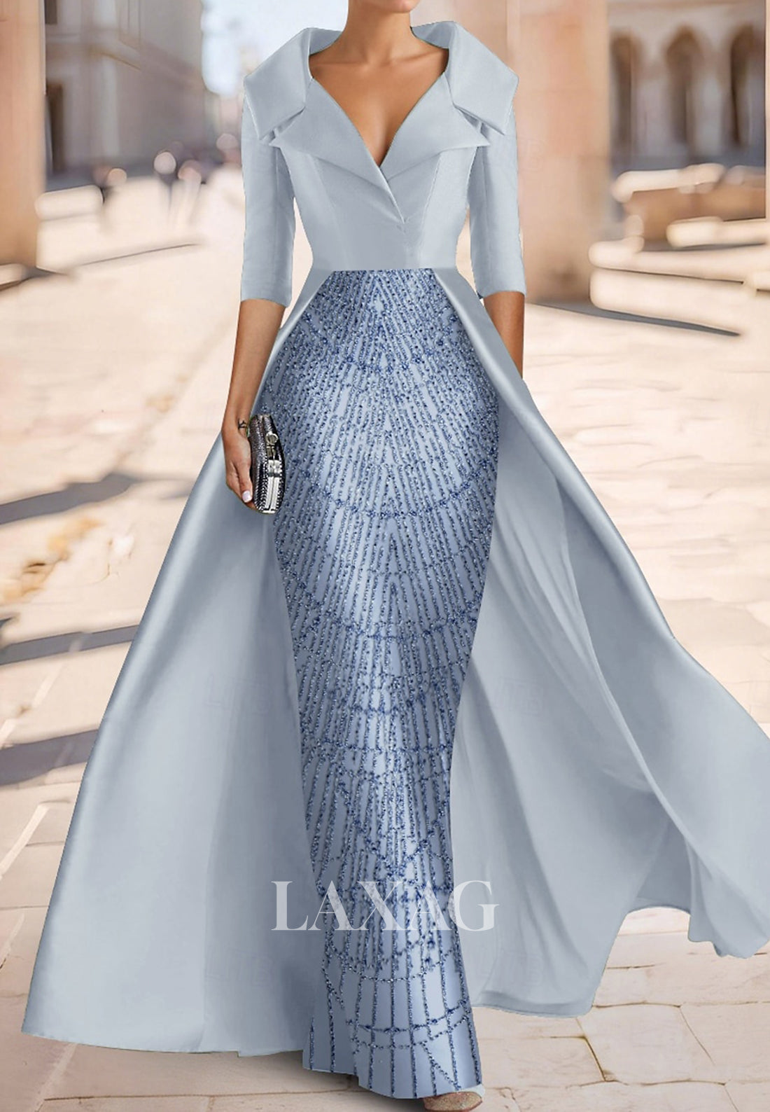 V-Neck Collared Half-Sleeves Sequined Beaded Satin Pleated Mermaid Mother of the Bride Dress