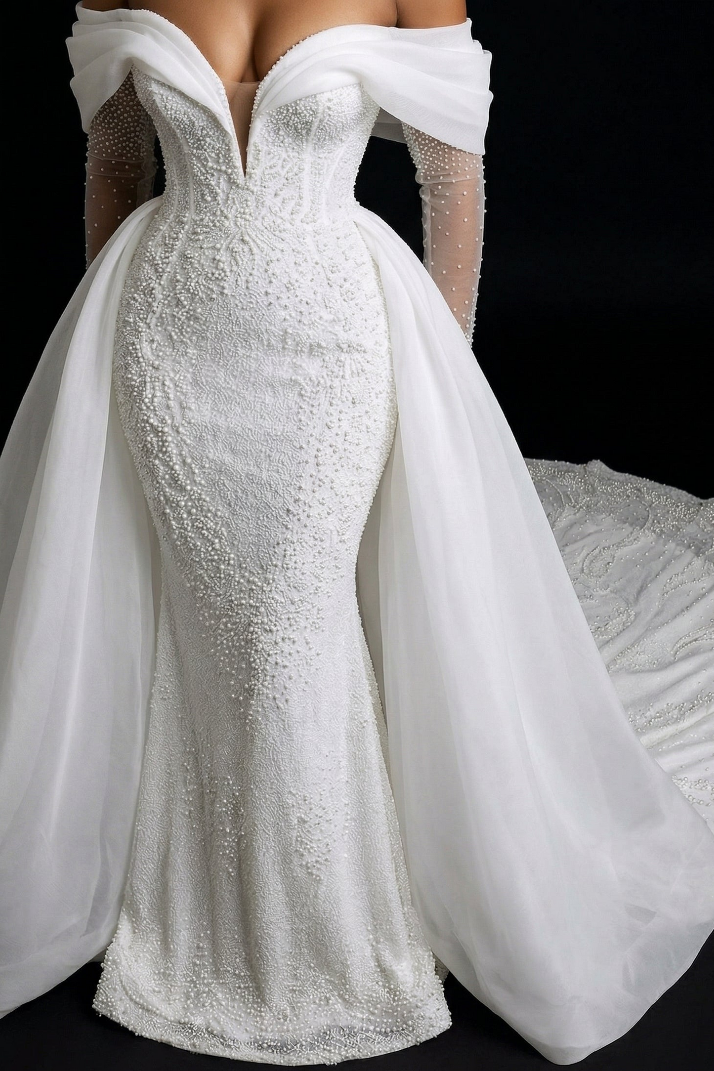 Sweetheart Long-Sleeves Fully Beaded Satin&Tulle Pleated Mermaid Wedding Dress