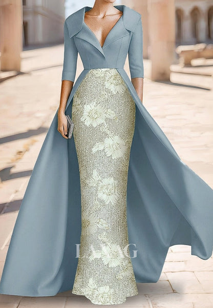 V-Neck Collared Half-Sleeves Jacquard Sequined Satin Mermaid Mother of the Bride Dress