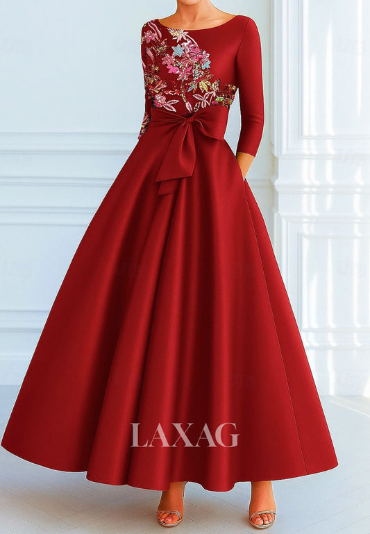 A-Line Long-Sleeves Pleated Satin Evening Dress Sequined Applique Ankle-Length Formal Gowns