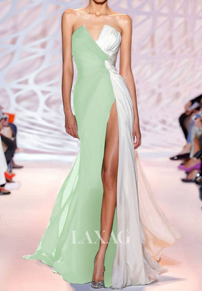 V-Neck Floor-Length Pleated Chiffon Mermaid Evening Dress Sleeveless Two Tone Formal Gowns