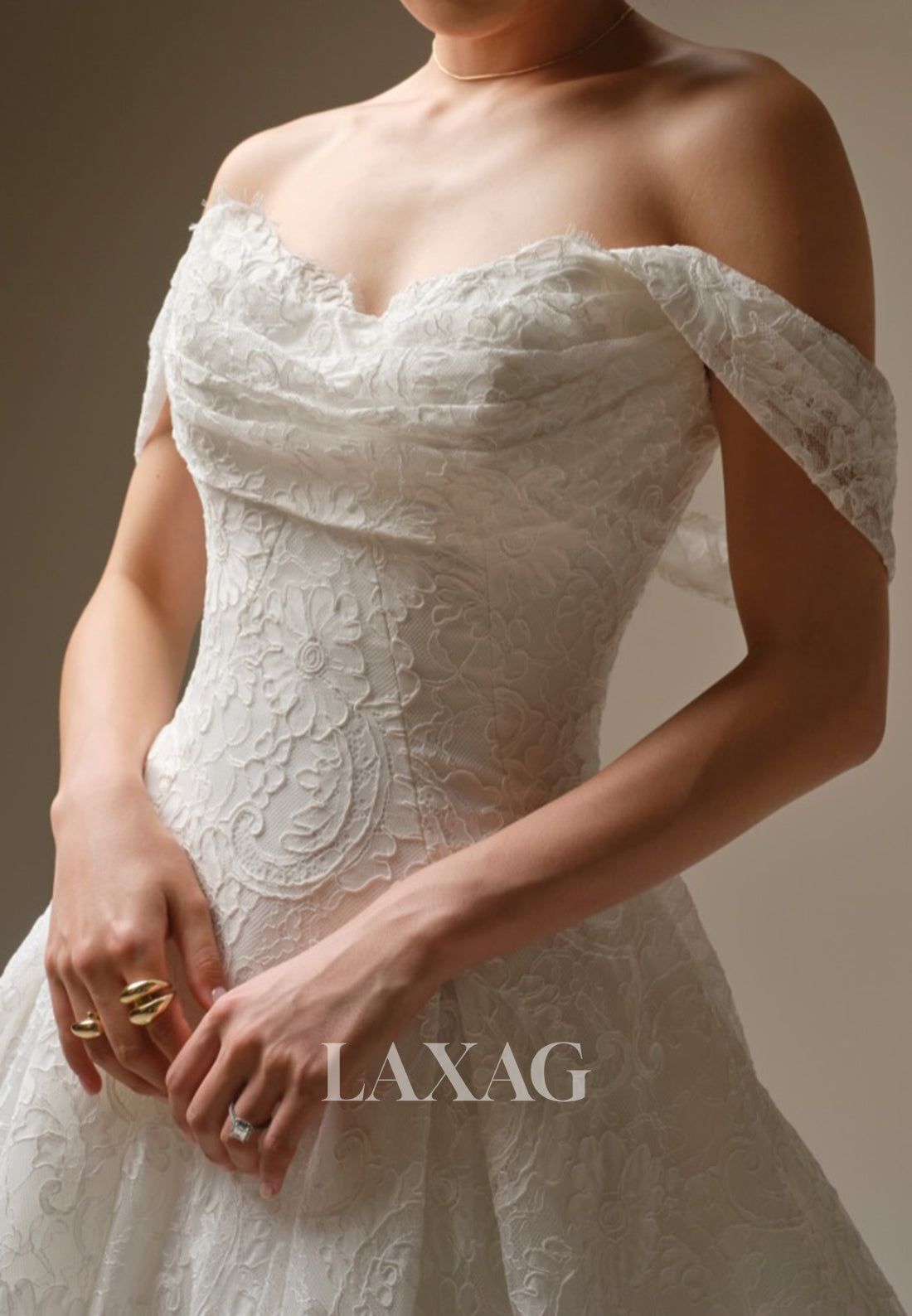 Sweetheart Long-Sleeves Allover Lace Applique Pleated A-Line Wedding Dress with Train
