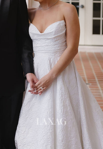 Sweetheart Off-Shoulder Bride Gowns Applique Pleated Satin A-Line Wedding Dress with Train