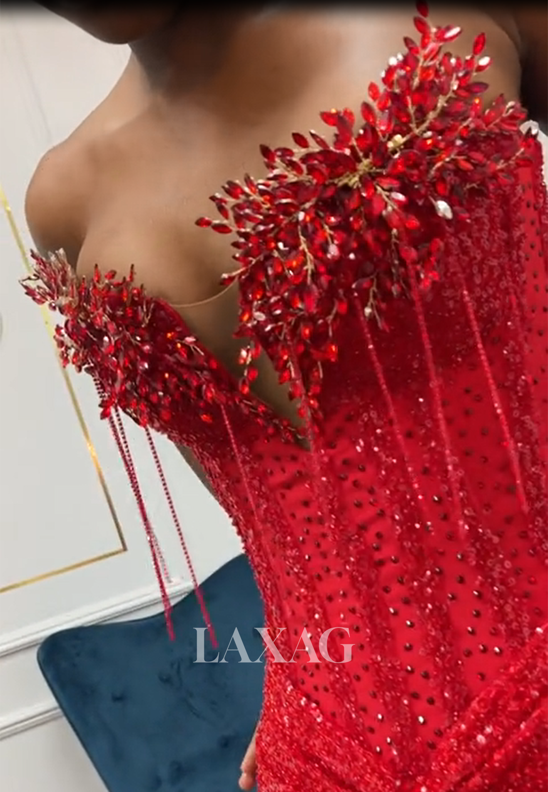 Sweetheart Fully Sequined Beaded Formal Gowns Off-Shoulder Rhinestone Mermaid Prom Dress