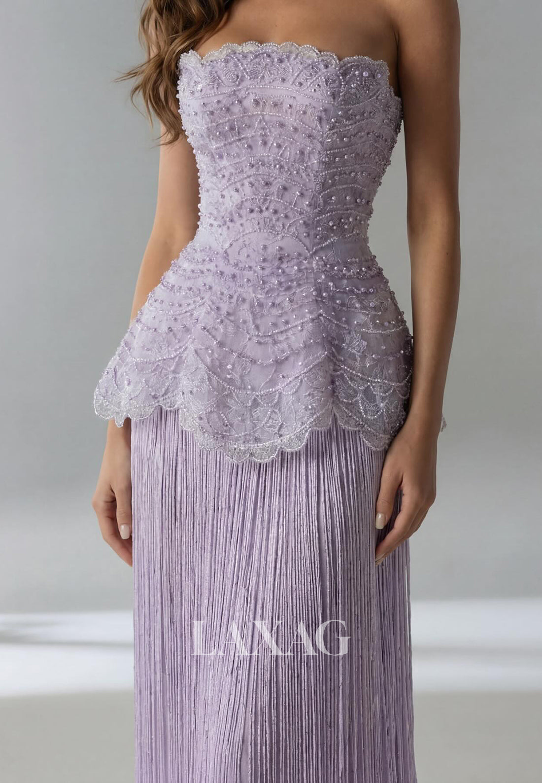 Tube Top Off-Shoulder Sleeveless Beaded Pearls Fringed Floor-Length Mermaid Evening Dress