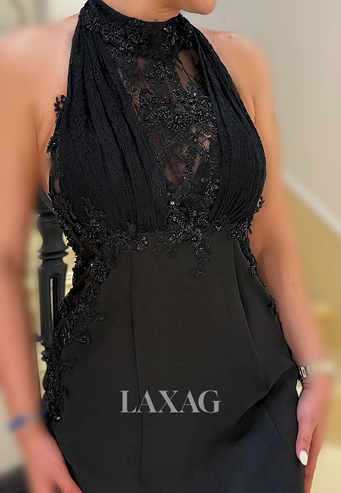 Halter-Neck Off-Shoulder Sequined Formal Gowns Sleeveless Pleated Satin&Tulle Mermaid Evening Dress