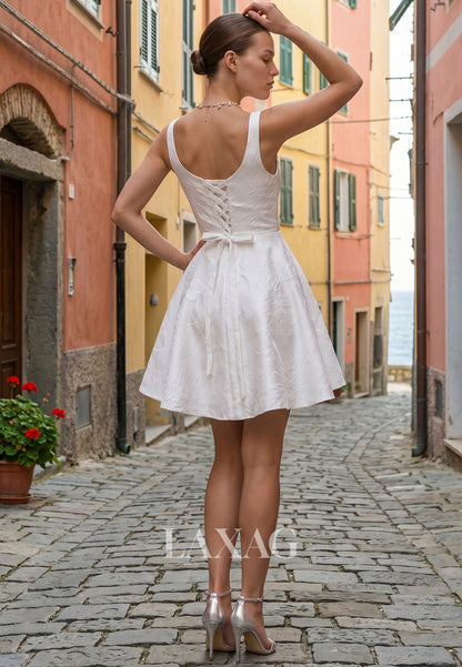Square-Neck Straps Sleeveless Jacquard Satin Pleated Short Beach A-Line Wedding Dress