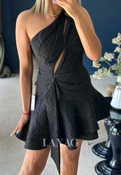 Asymmetrical-Neck Off-Shoulder Sleeveless Pleated Satin Tiered A-Line Party Homecoming Dress