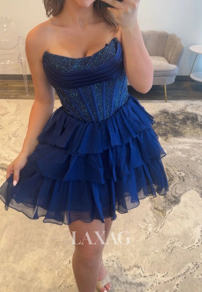 Scoop-Neck Off-Shoulder Sleeveless Beaded Pleated Tulle Tiered A-Line Homecoming Dress