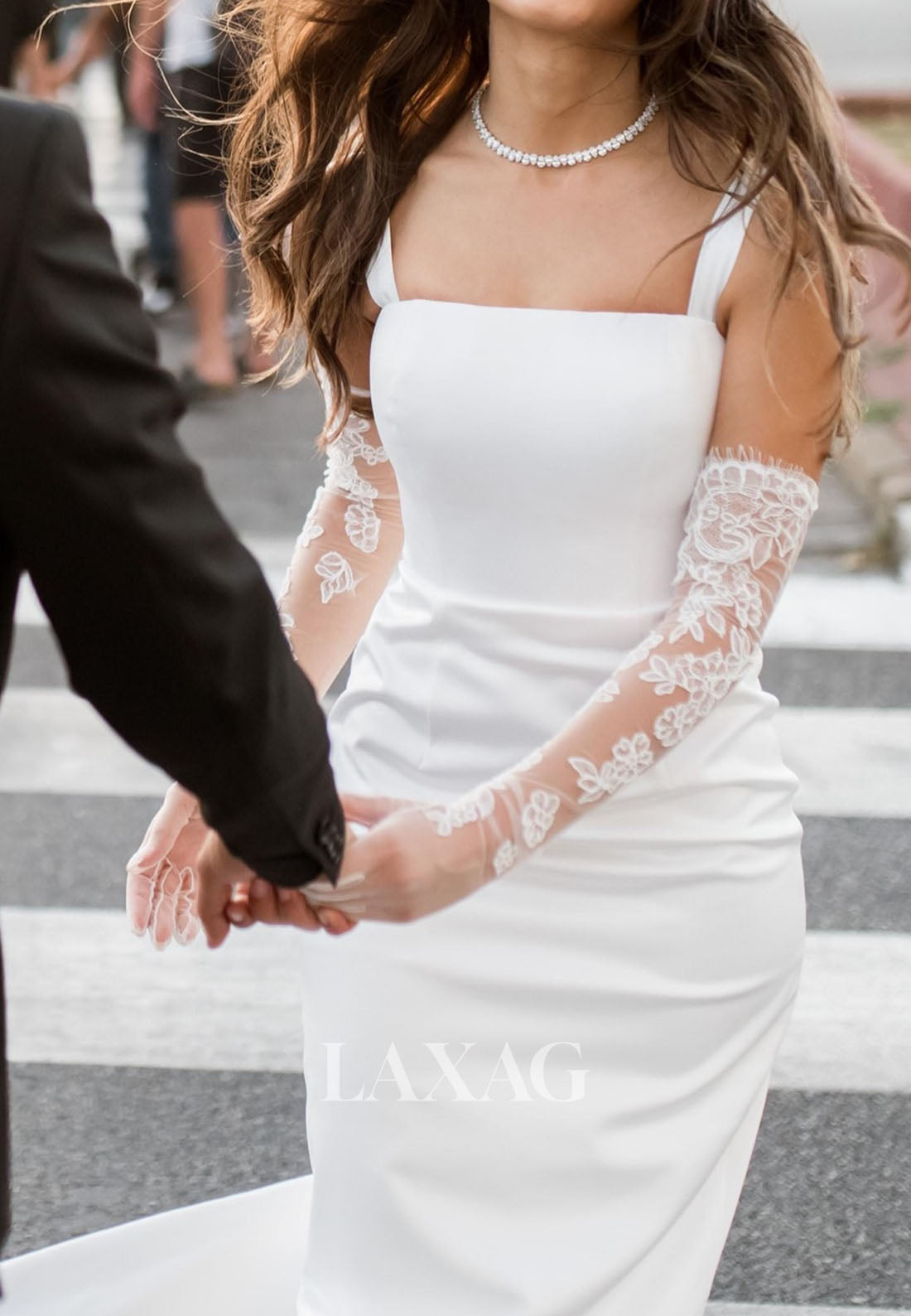 Tube Top Spaghetti Straps Bride Gowns Floor-Length Satin Mermaid Wedding Dress with Gloves