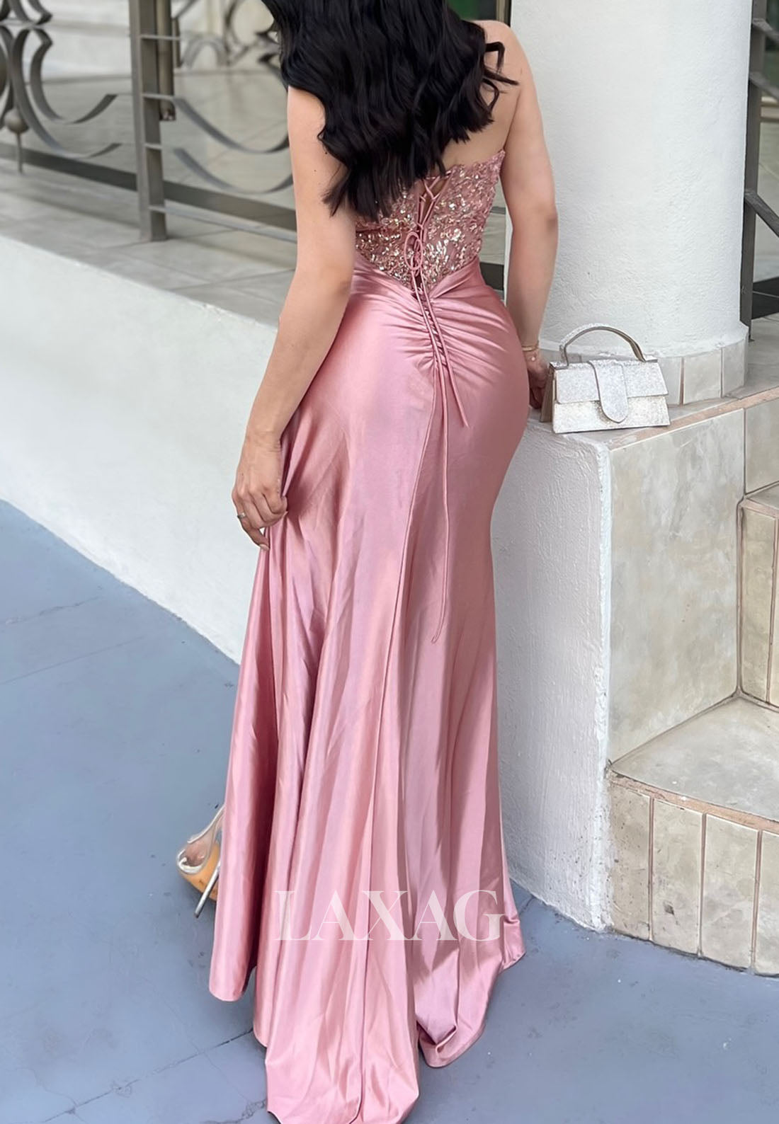 Off-Shoulder Sweetheart Sleeveless Sequined Applique Pleated Satin Mermaid Prom Dress with Slit