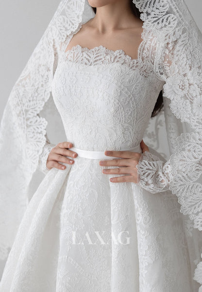 Bateau-Neck Long-Sleeves Allover Lace Applique Pleated Sheer A-Line Wedding Dress with Train