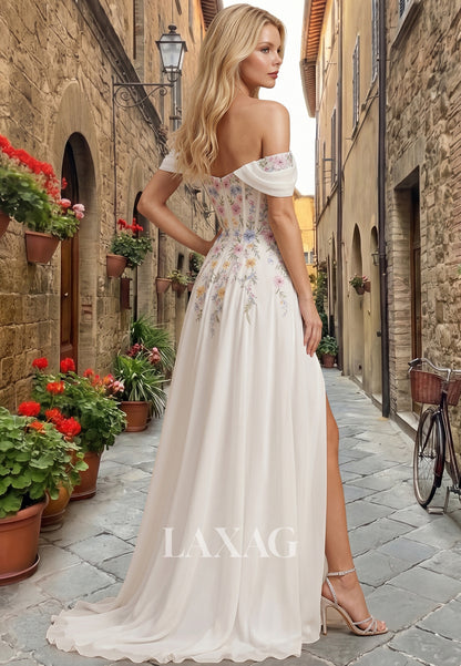Bateau-Neck Sleeveless Sequined Applique Chiffon Pleated A-Line Wedding Dress with Slit