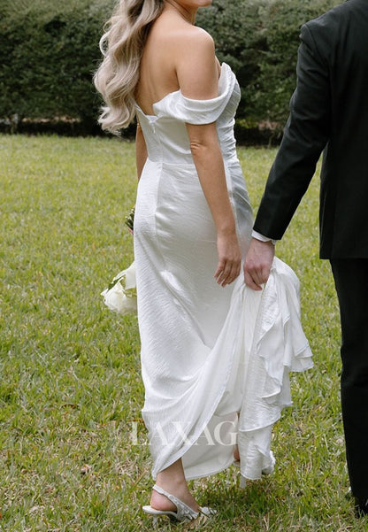 V-Neck Sleeveless Sweep Train Mermaid Wedding Dress Off-Shoulder Pleated Satin Bride Gowns