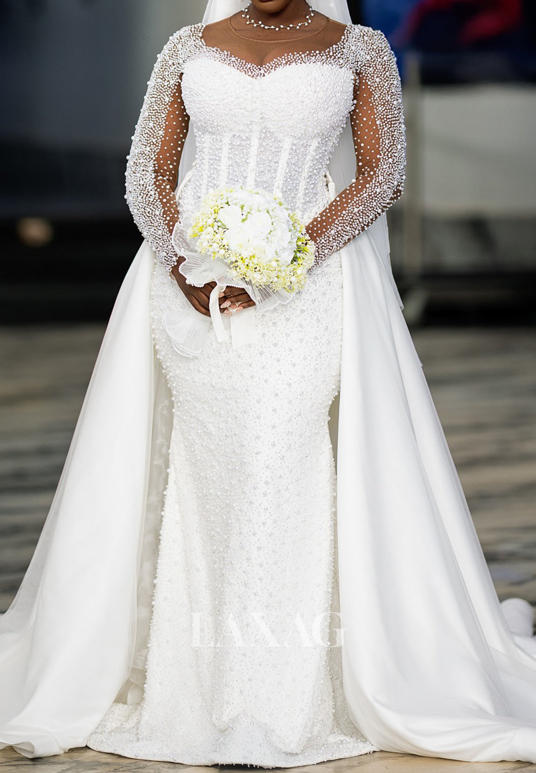 Sweetheart Long-Sleeves Fully Beaded Tulle&Satin Mermaid Wedding Dress with Train
