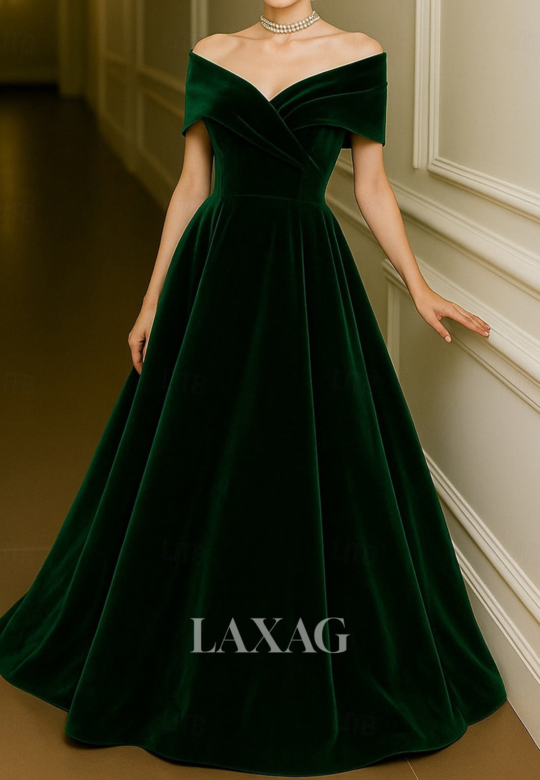 Off-Shoulder V-Neck Sleeveless Velvet Pleated Floor-Length Simple A-Line Evening Dress