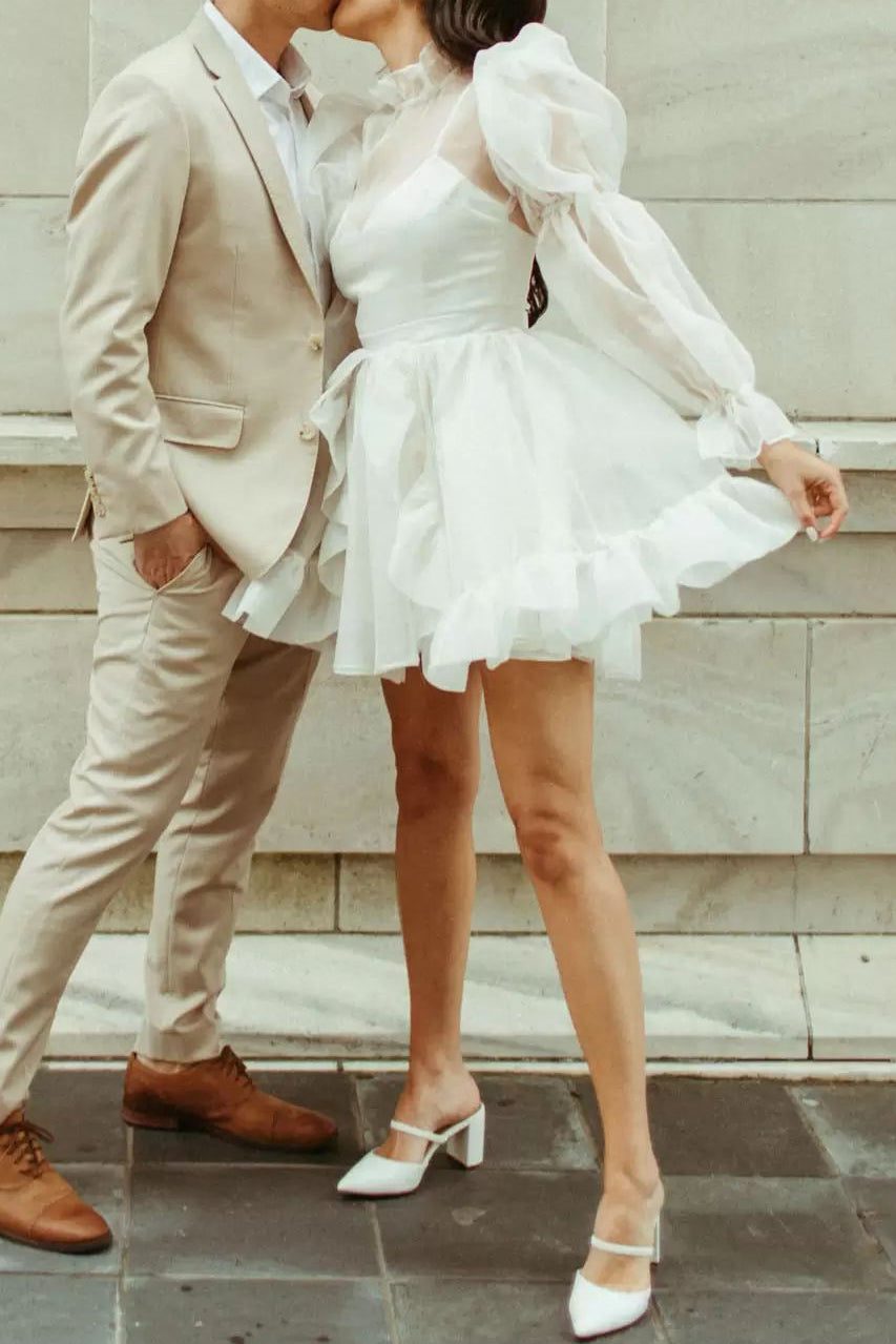 High-Neck Long-Sleeves Chiffon Pleated Tiered Short A-Line Beach Wedding Dress