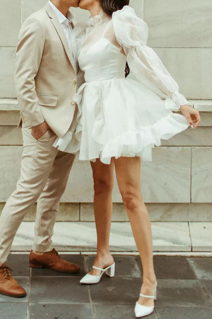 High-Neck Long-Sleeves Chiffon Pleated Tiered Short A-Line Beach Wedding Dress