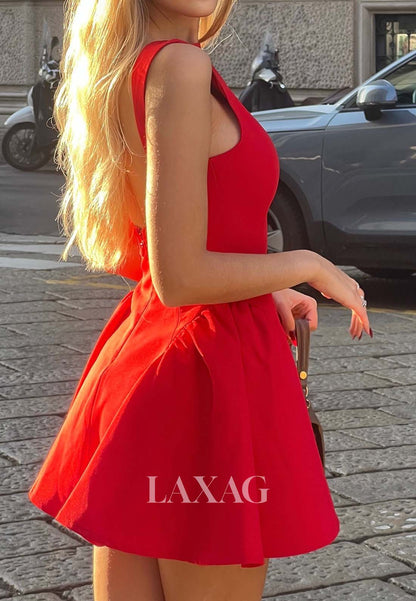 Scoop-Neck Off-Shoulder Sleeveless Pleated Satin Short A-Line Party Homecoming Dress