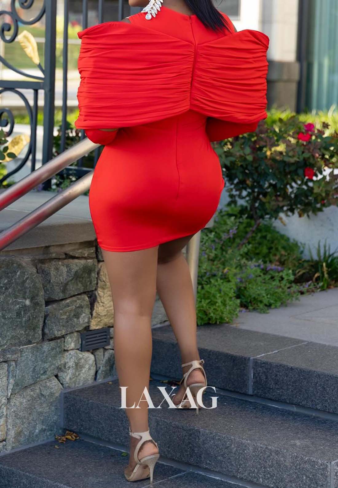 V-Neck Off-Shoulder Pleated Satin Short Mermaid Party Homecoming Dress with Long-Gloves