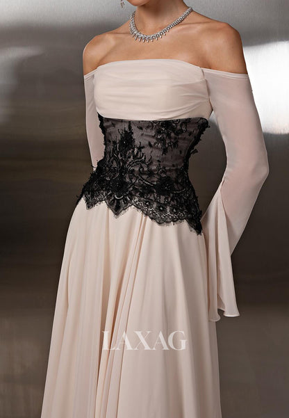 Bateau-Neck Off-Shoulder Long-Sleeves Pleated Chiffon&Lace A-Line Formal Evening Dress