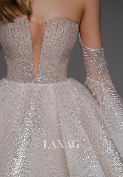 Plunging V-Neck Long-Sleeves Fully Sequined Pleated Sheer Tulle A-Line Homecoming Dress