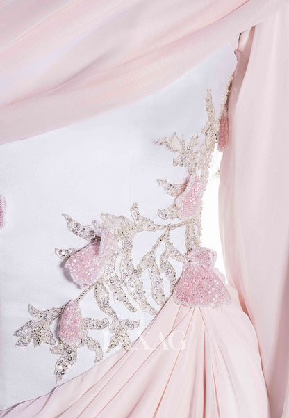 Scoop-Neck Long-Sleeves Fitted Evening Dress Sequined Applique Chiffon Pleated Formal Gowns