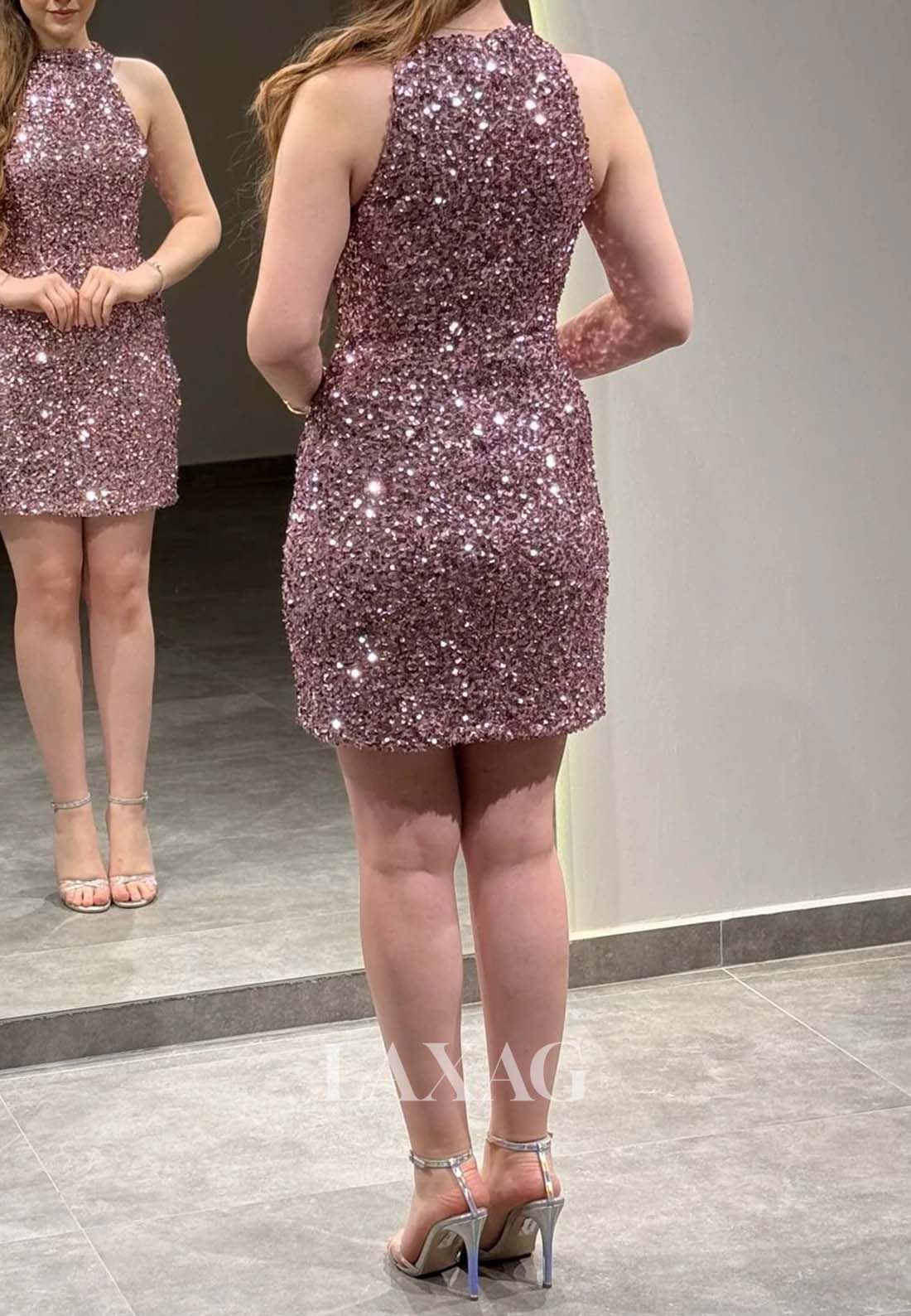 Halter-Neck Off-Shoulder Sleeveless Fully Sequined Short Mermaid Party Homecoming Dress