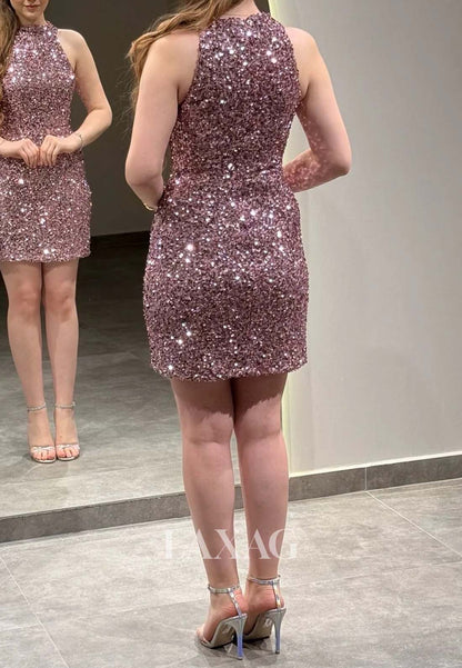 Halter-Neck Off-Shoulder Sleeveless Fully Sequined Short Mermaid Party Homecoming Dress