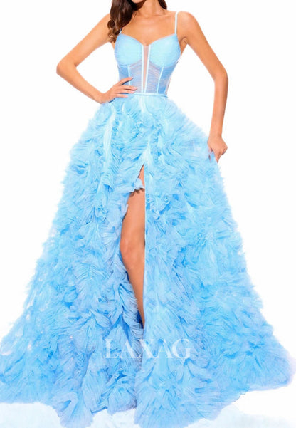 V-Neck Spaghetti Straps Tiered A-Line Prom Dress Sleeveless Beaded Pleated Tulle Party Gowns