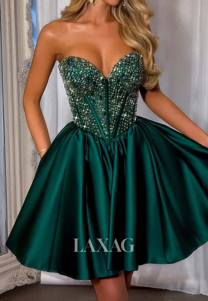 Sweetheart Off-Shoulder Sleeveless Beaded Pleated Satin Short A-Line Party Homecoming Dress