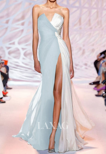 V-Neck Floor-Length Pleated Chiffon Mermaid Evening Dress Sleeveless Two Tone Formal Gowns