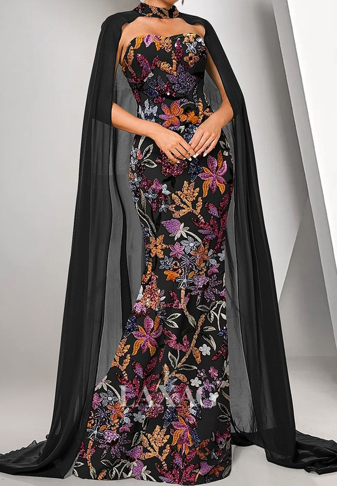 Sweetheart Pleated Chiffon Formal Gowns Sequined Applique Mermaid Evening Dress with Overlay
