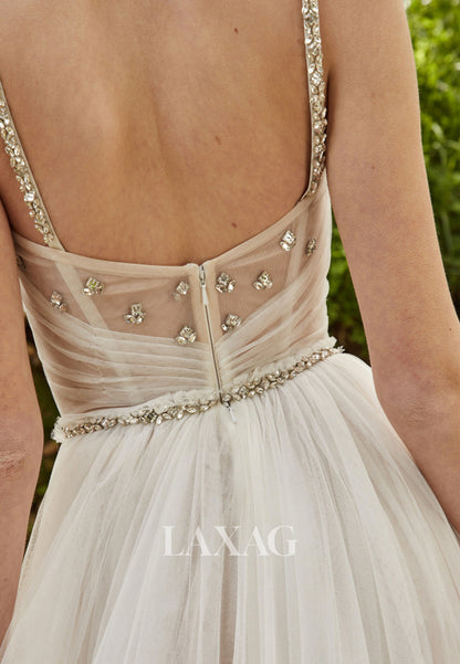 Tube Top Spaghetti Straps Rhinestone Tulle Pleated Sweep Train A-Line Wedding Dress