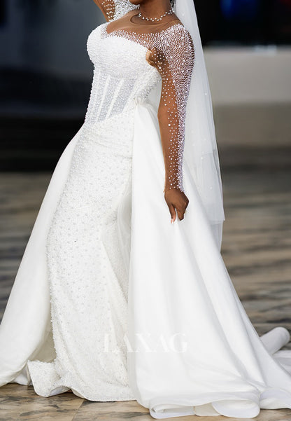 Sweetheart Long-Sleeves Fully Beaded Tulle&Satin Mermaid Wedding Dress with Train