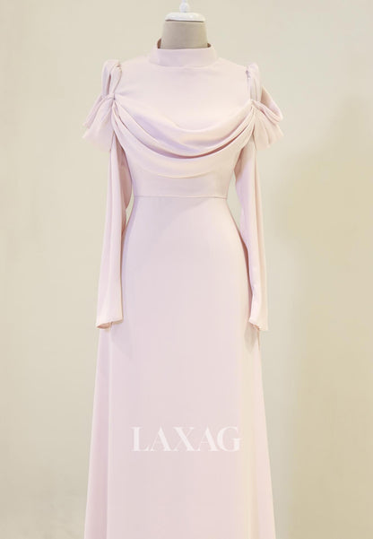 High-Neck Long-Sleeves Satin Pleated Floor-Length Simple Fitted Evening Dress