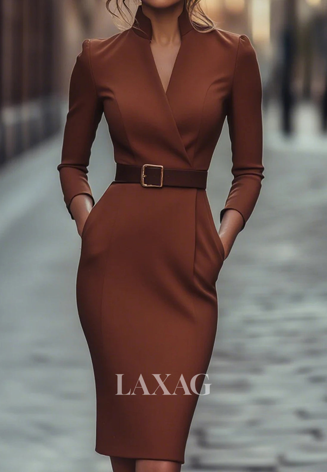 V-Neck Long-Sleeves Mermaid Mother of the Bride Dress Simple Knee-Length Satin Formal Gowns