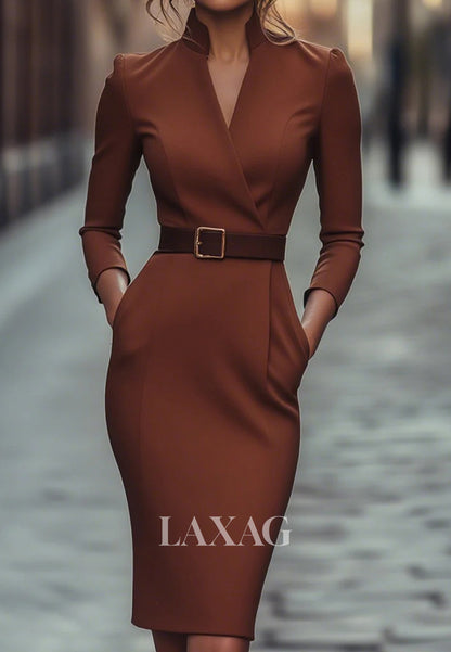 V-Neck Long-Sleeves Mermaid Mother of the Bride Dress Simple Knee-Length Satin Formal Gowns