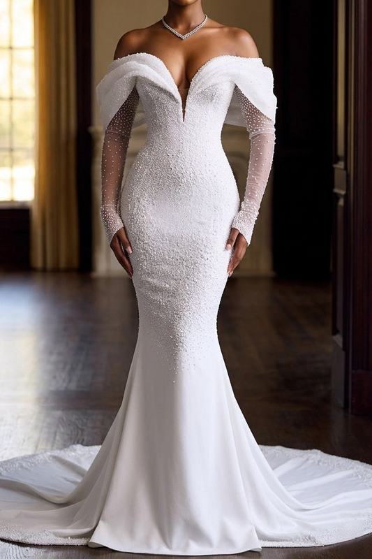 Sweetheart Long-Sleeves Fully Beaded Satin&Tulle Pleated Mermaid Wedding Dress