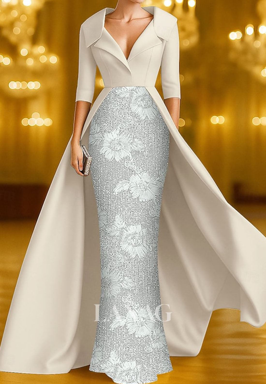 V-Neck Collared 3/4-Sleeves Floor-Length  Sequined Applique Satin Mermaid Evening Dress