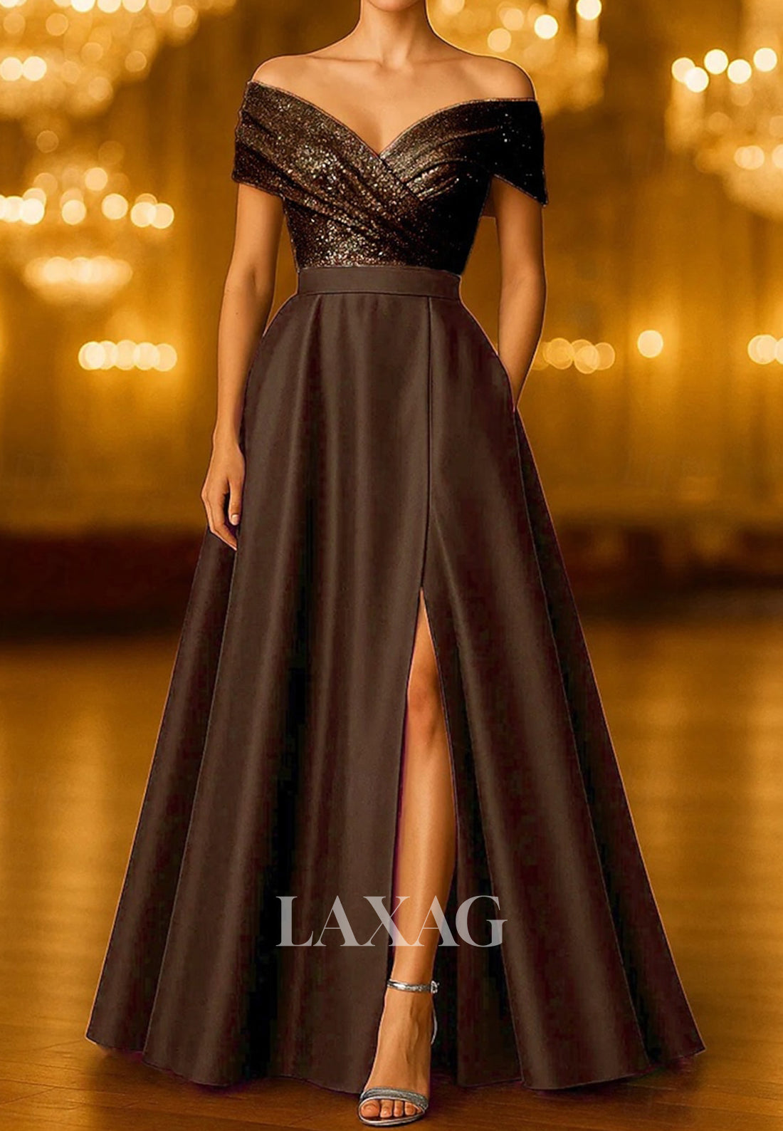 V-Neck Sleeveless Two Tone Sequined Satin Pleated A-Line Mother of the Bride Dress with Slit