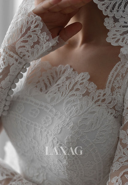 Bateau-Neck Long-Sleeves Allover Lace Applique Pleated Sheer A-Line Wedding Dress with Train