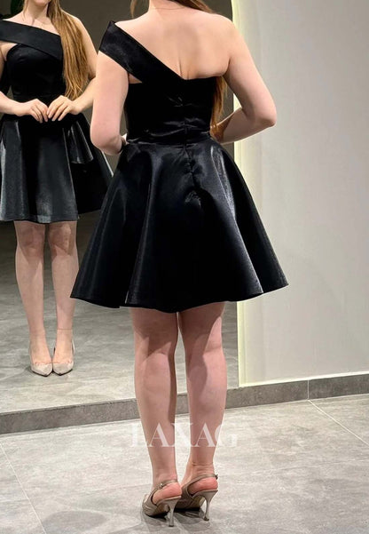 Asymmetrical-Neck Off-Shoulder Sleeveless Pleated Satin A-Line Party Homecoming Dress