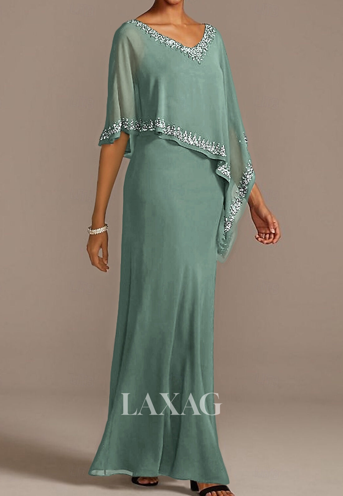 V-Neck Floor-Length Sequined Beaded Chiffon Mermaid Mother of the Bride Dress