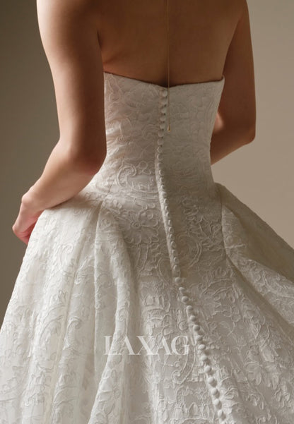Sweetheart Long-Sleeves Allover Lace Applique Pleated A-Line Wedding Dress with Train