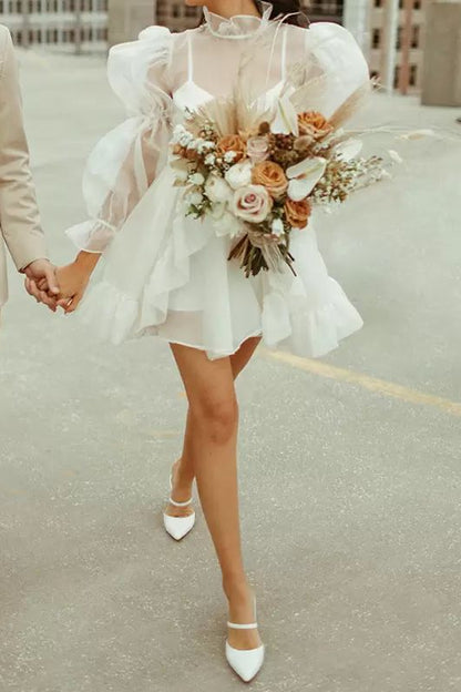 High-Neck Long-Sleeves Chiffon Pleated Tiered Short A-Line Beach Wedding Dress