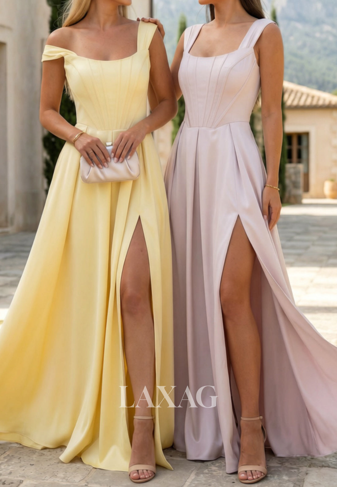 Bateau-Neck Straps Sleeveless Floor-Length Satin Pleated Simple A-Line Prom Dress with High Slit
